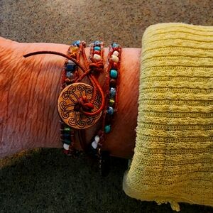 Triple Wrap leather and beaded bracelet with button clasp
